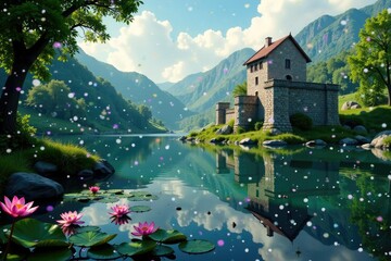 Fototapeta premium Stone castle foundation by river with water lilies, River, Water
