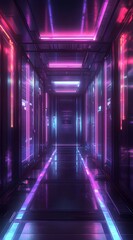 A futuristic dark background with colorful neon lights on the sides, creating an atmosphere of energy and movement. The scene is set in a large room or hall with glowing lines forming a grid 