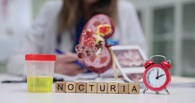 Explore nocturia with engaging visuals kidney diagrams, urine samples, and an alarm clock for better understanding