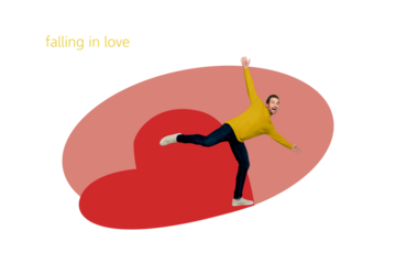 Creative abstract template collage of funny man falling love big heart valentine day dating concept weird freak bizarre unusual fantasy
