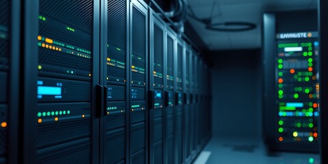 High-Tech Data Server Room with Advanced Networking Equipment and LED Lighting