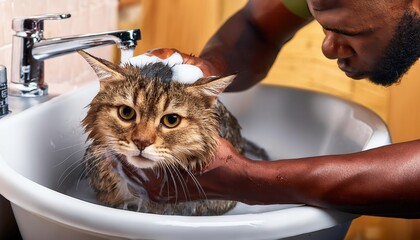 A person gently washes a fluffy cat in a sink filled with sudsy water, creating a joyful moment.