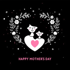 Happy Mothers Day minimalistic illustration, card with mom and daughter together in the shape of heart
