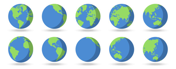 Planet Earth icons collection in a flat design. Planet earth or world globe with ocean in a flat design