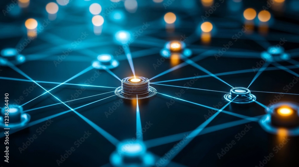 Poster glowing nodes interconnected in a complex network, representing data flow and digital communication.