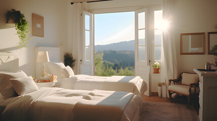 Sunny morning in a serene bedroom with open windows and beautiful landscape views. Generative AI