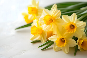 Beautiful yellow daffodils arranged elegantly on a light background showcasing spring's vibrant colors. Generative AI