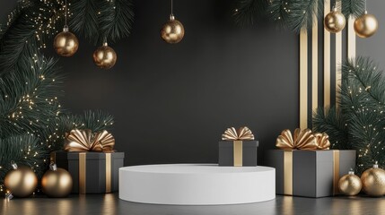 Elegant black & gold Christmas scene with gifts and ornaments. Perfect for holiday product displays or festive backgrounds.
