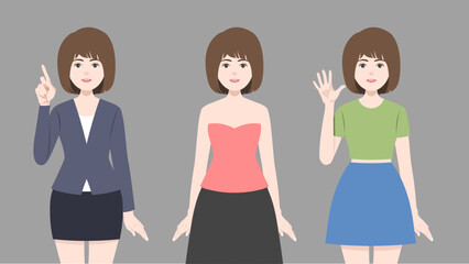 set of standing  woman with different clothes and short brown hair and three acting. vector, illustration design.