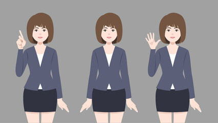 set of standing business woman, who wear grey suit, short brown hair and three acting. vector, illustration design.