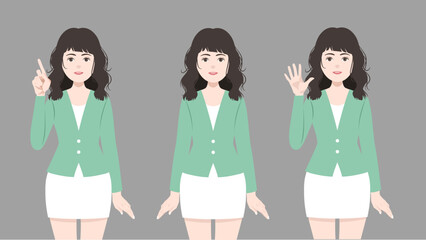 set of standing business woman, who wear green suit and three acting. vector, illustration design.