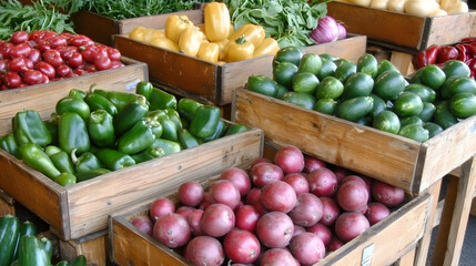 A vibrant display of assorted fresh vegetables in wooden crates, showcasing a colorful variety of peppers, potatoes, and other produce