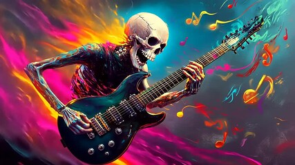 Flaming Skeleton Rock Star Shredding Electric Guitar in Vibrant Abstract Style - Powered by Adobe