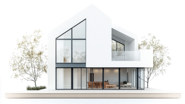 Modern white minimalist house with large windows and transparent background