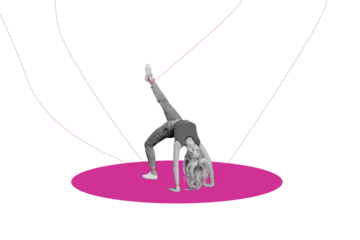 Creative abstract template collage of young female upside down bridge pose hang puppet marionette unusual fantasy billboard comics