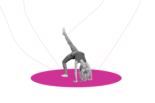 Creative abstract template collage of young female upside down bridge pose hang puppet marionette unusual fantasy billboard comics