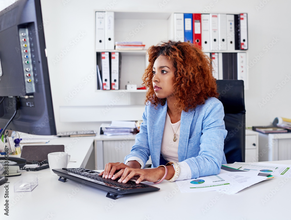 Poster woman, computer and typing report for human resources in office, productivity update and statistics.