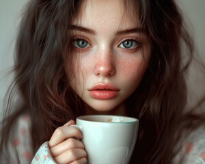 A hyper-realistic photo of a girl with long hair, wearing pajamas, holding a cup of coffee in her hand.