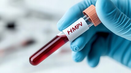 Naklejka premium Hmpv blood sample in test tube held by gloved hand in lab environment