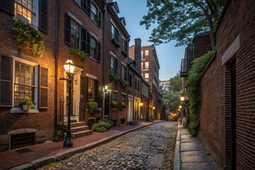 Obraz premium Street view of Beacon Hill neighborhood in Boston at dusk, twilight, cobblestone, old town
