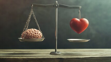 Brain and heart on a scale, concept image. Illustrates the balance between logic and emotion in decision-making.