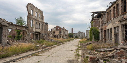 Fototapeta premium Devastating Urban Ruins Featuring Destroyed Houses for Documentary Purposes