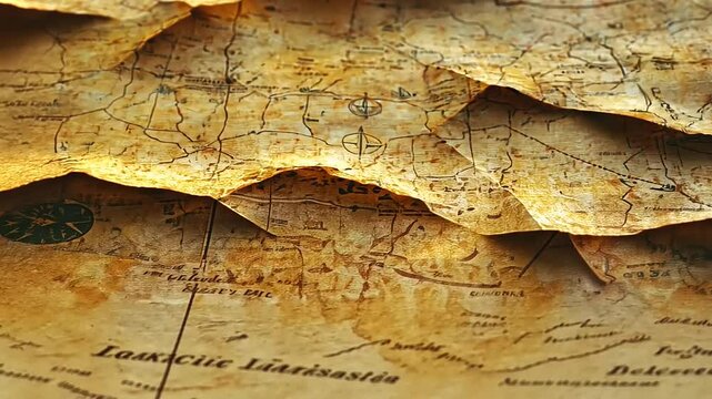 A Close-Up of a Folded, Aged, and Tattered Antique Map