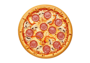 Pizza isolated on white background, top view, no depth of field, sharp.