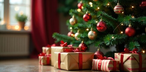 Striped ornaments on a tall Christmas tree with presents around it, tree decorations, striped ornaments