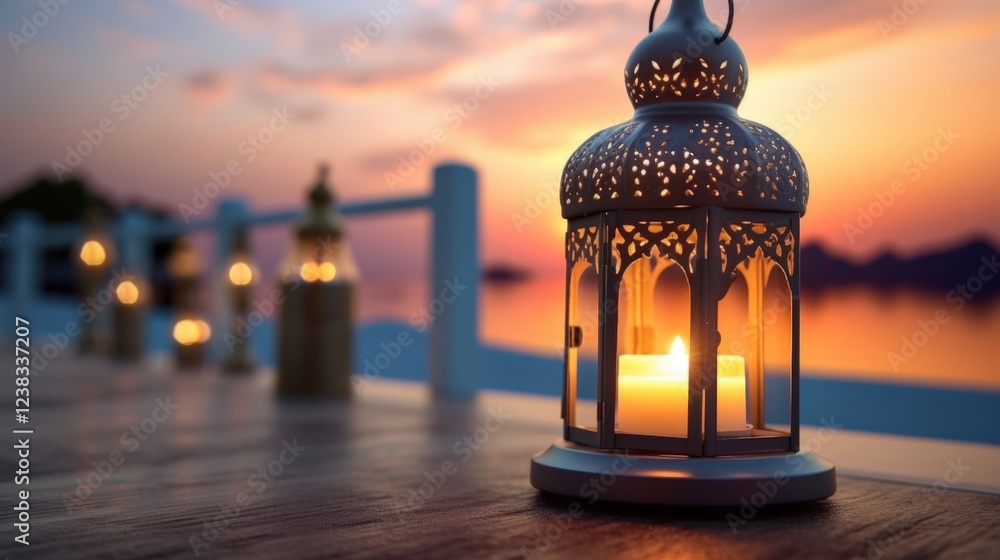 Poster elegant lantern overlooking golden sunset on calm water with soft light reflection, creating a tranq