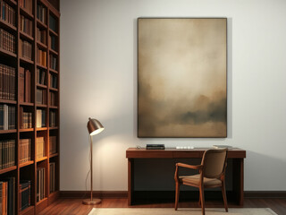 Study area with wooden bookcase desk lamp and canvas art on white wall,  simple decor,  wood accents,  canvas art,  abstract art