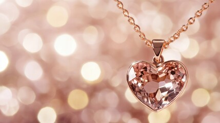 Heart-shaped gemstone pendant with a rose gold chain, presented on a romantic soft-focus background