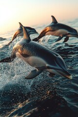Fototapeta premium Dolphins leaping joyfully in ocean sunset glow