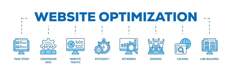 Website optimization infographic icons flow process which consists of page speed, conversion rate, website traffic, efficiency, keywords, ranking, caching  icon live stroke and easy to edit . © Juaran