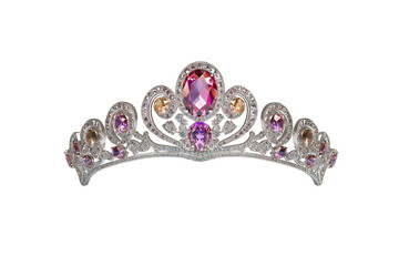 Ornate Silver Tiara With Gemstones featuring intricate metalwork and multiple colorful gemstones. Isolated on transparent background, png.