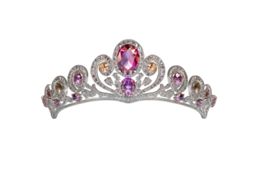 Ornate Silver Tiara With Gemstones featuring intricate metalwork and multiple colorful gemstones. Isolated on transparent background, png.