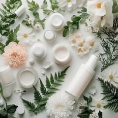 A collection of beauty products, including a bottle of lotion