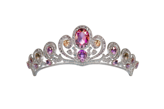 Ornate Silver Tiara With Gemstones featuring intricate metalwork and multiple colorful gemstones. Isolated on transparent background, png.