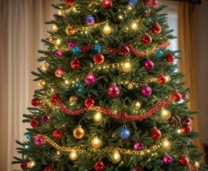 stunning pine garland draped over the top of a fully decorated Christmas tree with colorful fairy lights and ornaments, holiday cheer, festive atmosphere, holiday decor