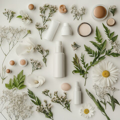 A white background with a variety of cosmetics and flowers