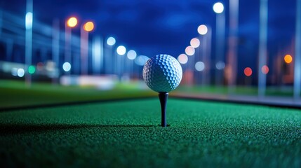 A golf ball on a tee at a driving range under bright stadium lights at night