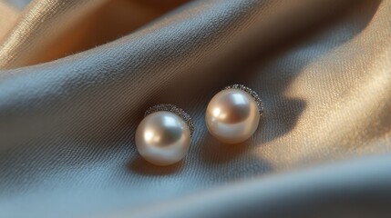 Elegant pearl earrings lying on a plush fabric, captured with soft light to emphasize their shine.