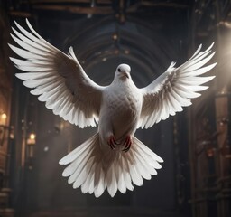 Stunning white dove with outstretched wings in dramatic lighting, black background, wildlife, majestic, peaceful