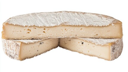 A round wheel of soft cheese with a white rind, cut into wedges on a white background