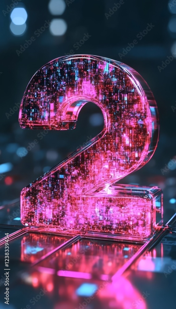 Aufkleber glowing futuristic digital number 2 on an abstract tech background with neon reflections.
