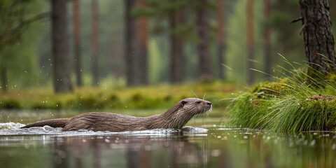 Obraz premium A Charming Image of a European Otter Swimming in a Pond Surrounded by Forest