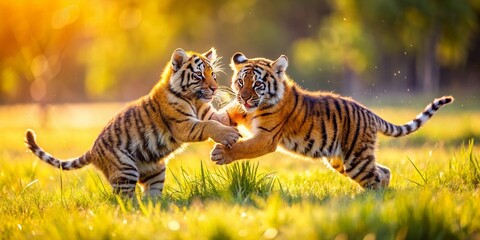 Adorable Tiger Cubs Playfully Tumbling in Lush Grasslands - Tilt-Shift Miniature