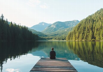 Fototapeta premium A person sits on a dock overlooking a lake