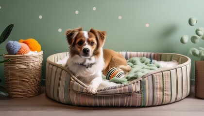 A happy dog relaxes in a chic bed, surrounded by vibrant decor and soft toys.