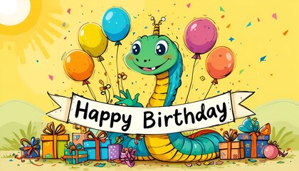 Cheerful cartoon worm celebrating a birthday with balloons and presents